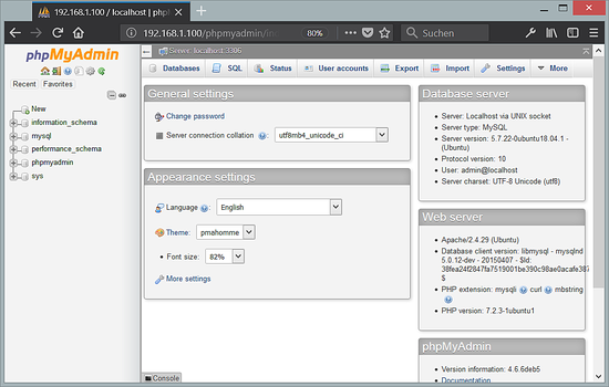 Als administrativer Benutzer in phpMyAdmin anmelden