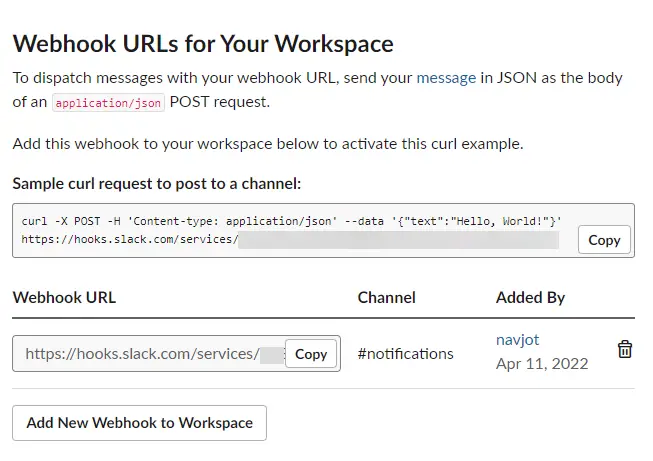 Slack URL Webhook