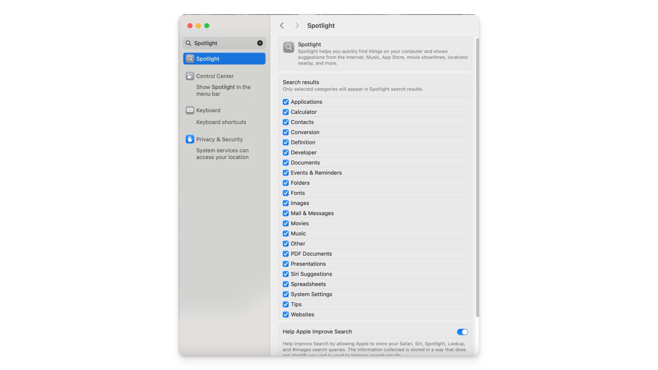 spotlight search preferences