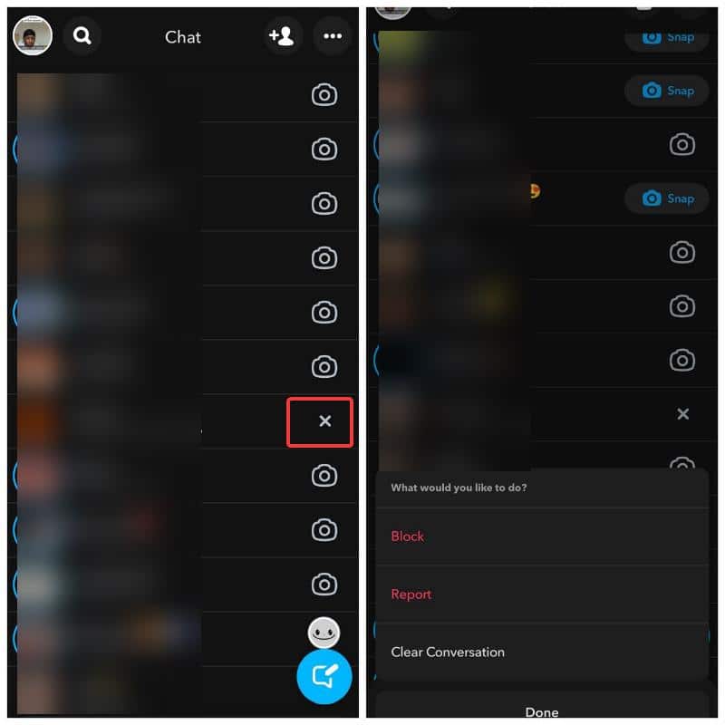 Haciendo clic en la X junto a un nombre en Snapchat