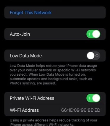 iPhoneのWi-Fiアドレスを無効にする