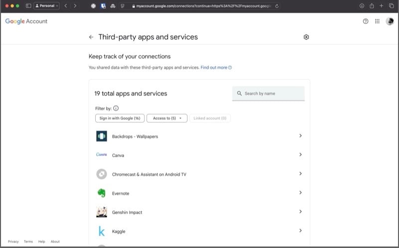 liste de toutes les applications et services tiers ayant accès au compte google.