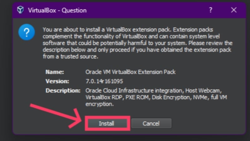 charger le pack d'extension virtualbox