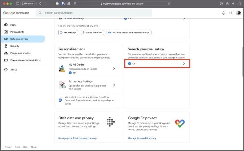 onglet de personnalisation de la recherche sur la page du compte google.