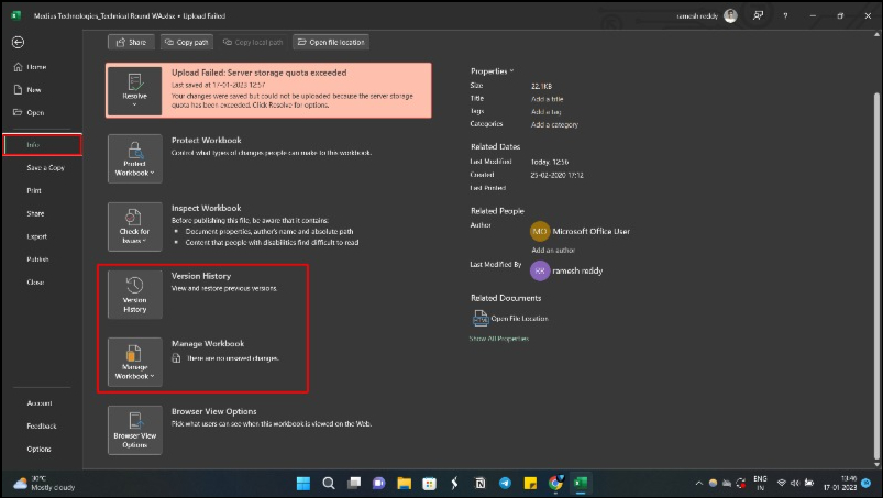imagem mostrando opções de informações do arquivo no excel windows