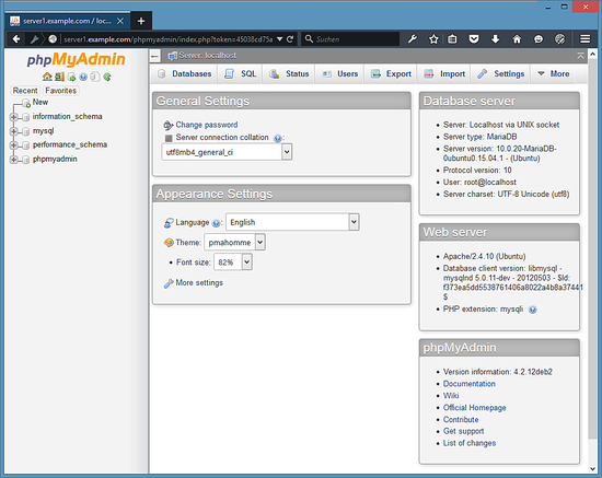 La pagina di avvio di PHPMyAdmin.