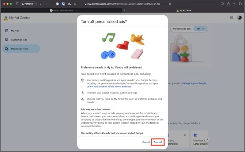 toggle désactiver pour désactiver la personnalisation des annonces.