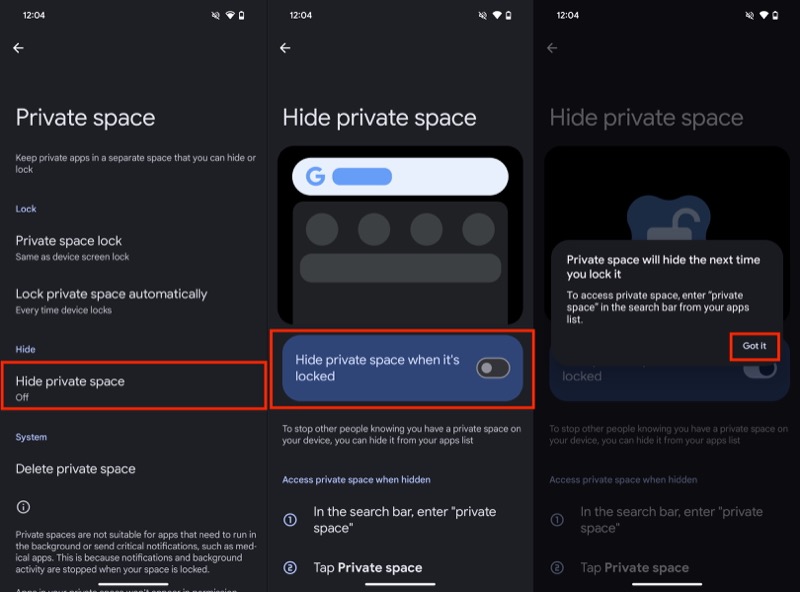 cacher l'espace privé sur un téléphone pixel.