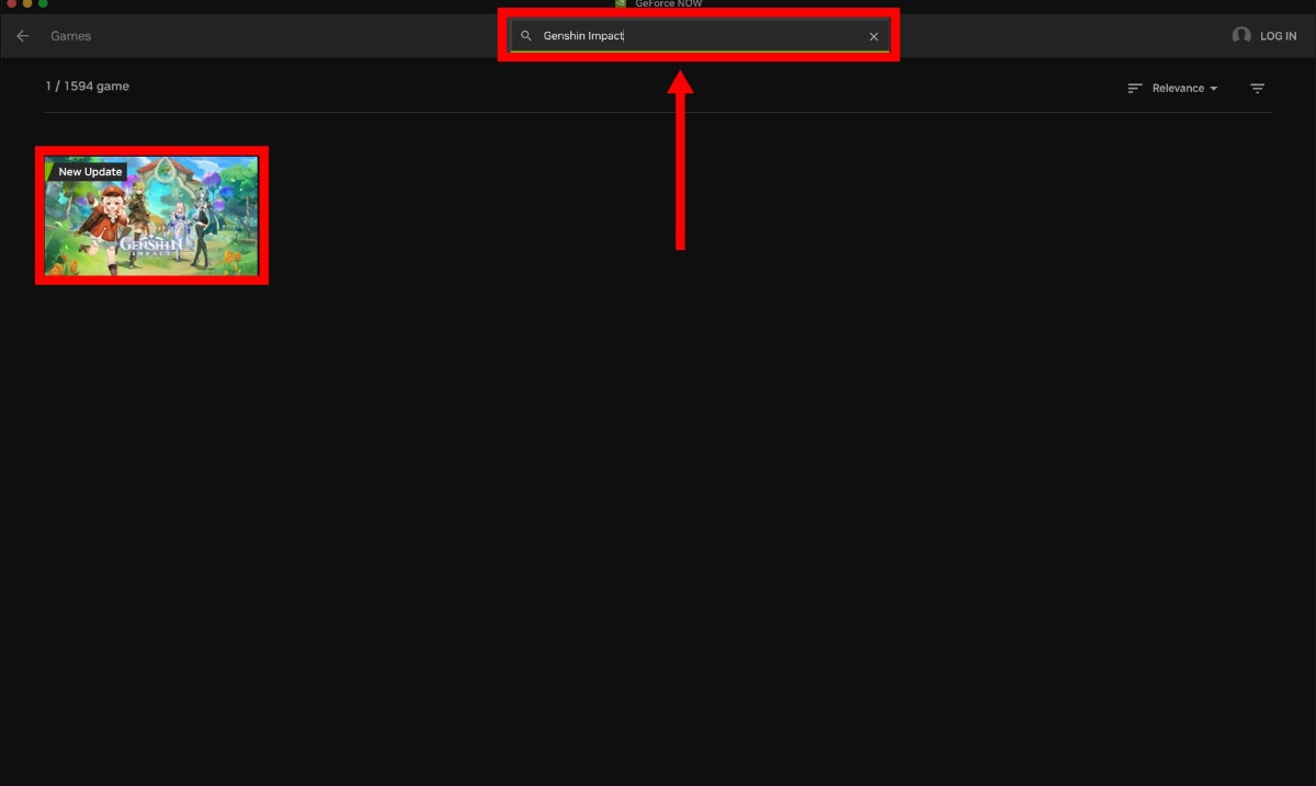 rechercher genshin impact dans l'application geforce now