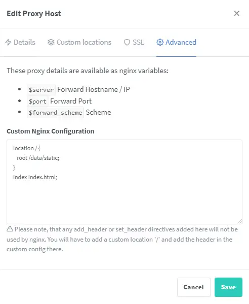 Configuração Avançada do Site Estático do Nginx Proxy Manager
