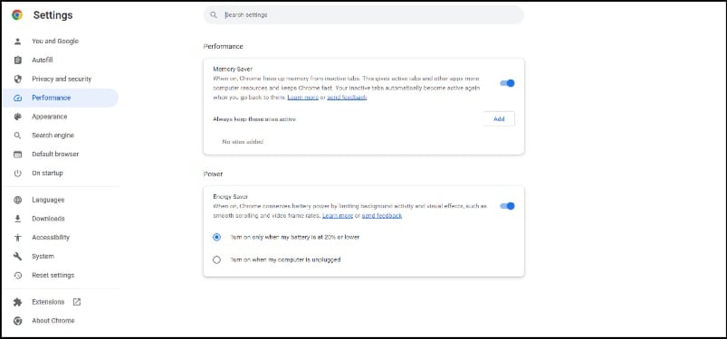 modo de desempenho do google chrome