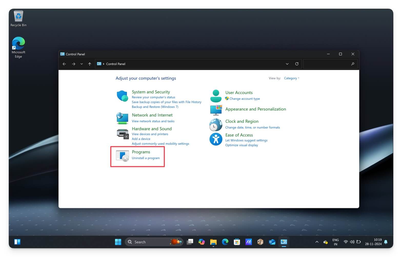 opzioni del pannello di controllo di windows