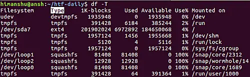 far visualizzare a df il tipo di file system nell'output