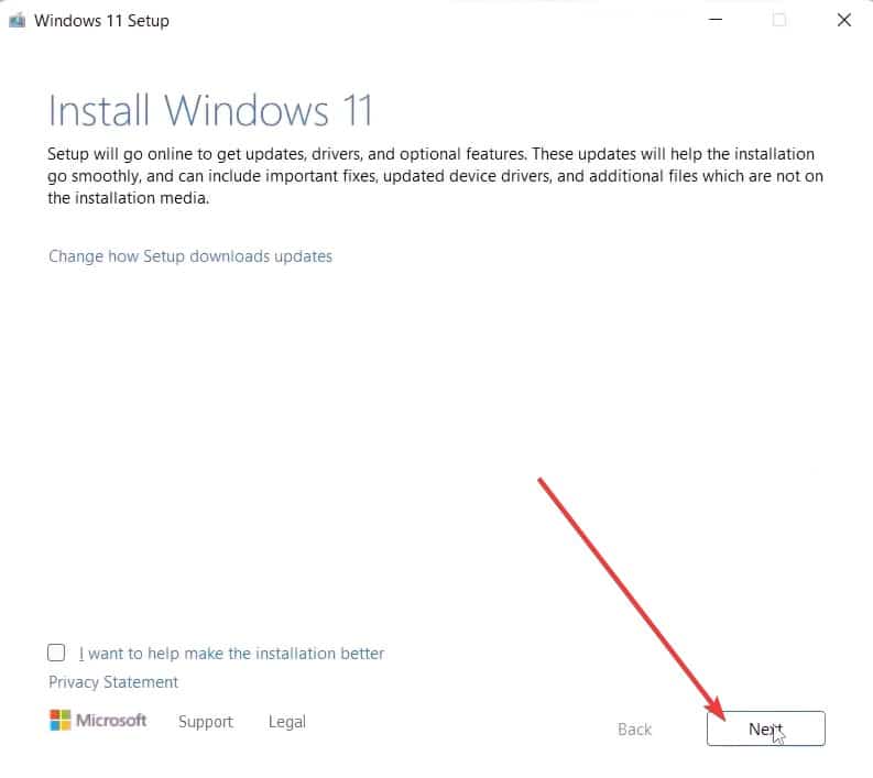 Démarrage de l'installation de Windows 11