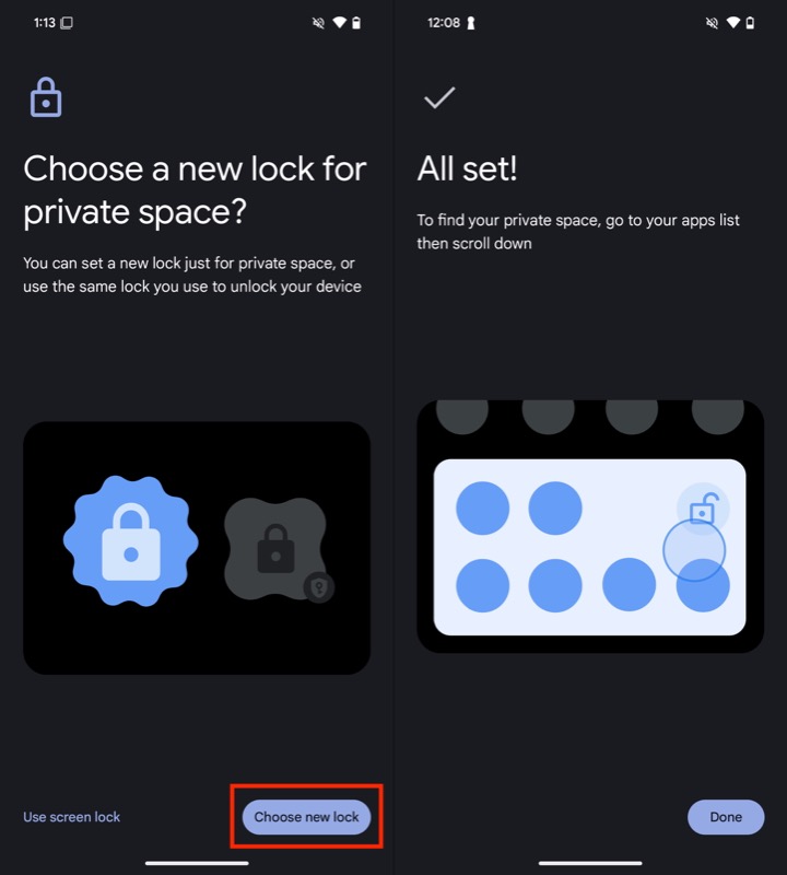 configuration d'un verrou pour l'espace privé pour compléter la configuration.