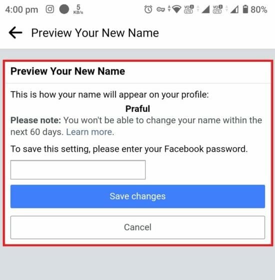 tappa su rivedi modifica e conferma con la password