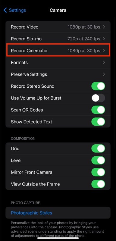 configuración de grabación cinematográfica de iphone.