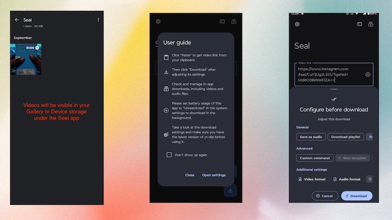 paramètres et stockage de l'application seal