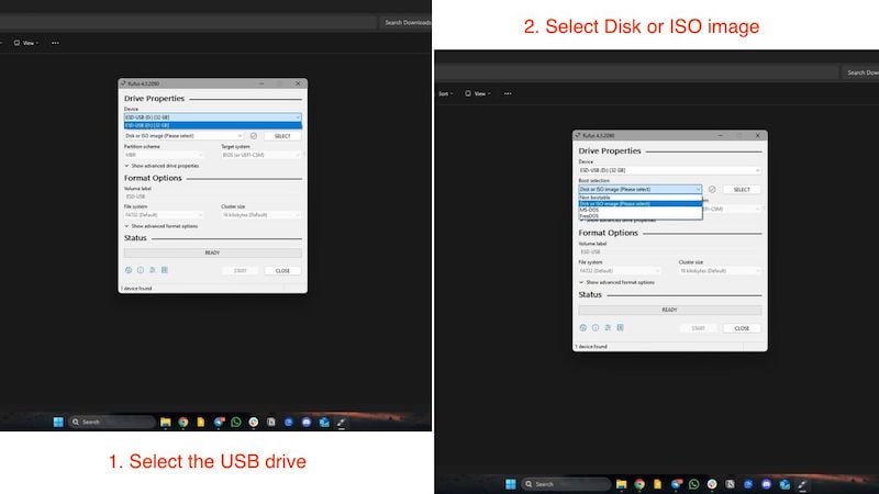 seleziona l'unità usb e l'immagine iso
