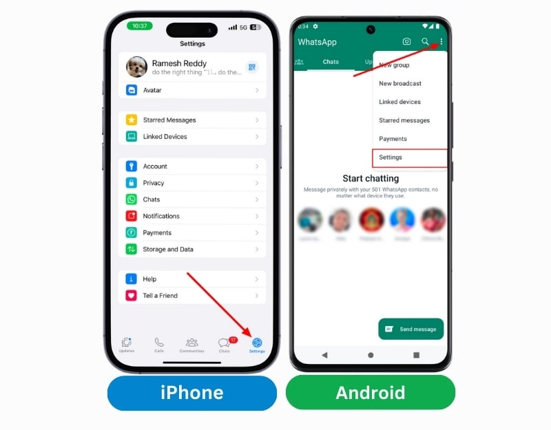 aller aux paramètres whatsapp sur android et iphone