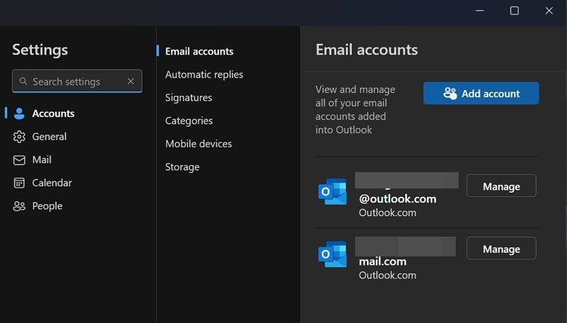 gérer les comptes de messagerie sur outlook