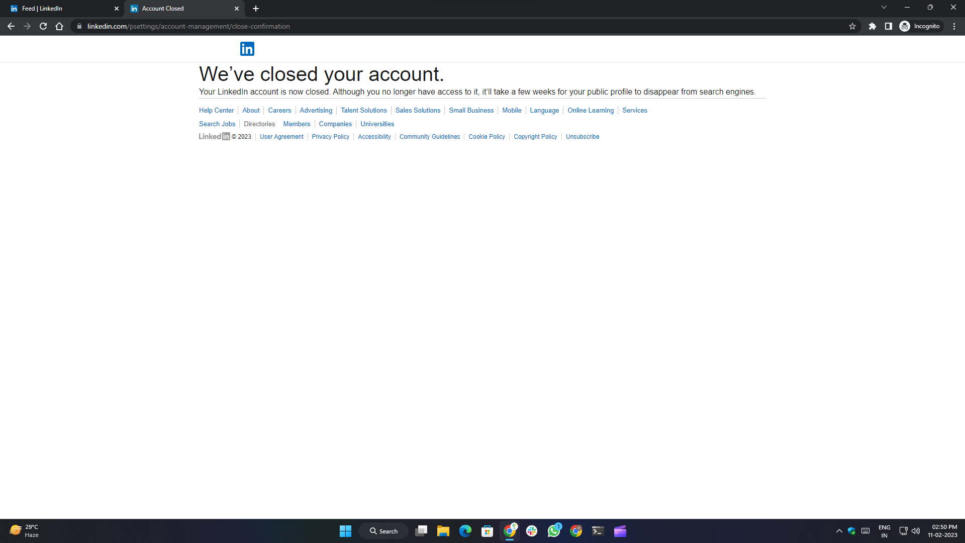 wie man ein linkedin-konto löscht- konto erfolgreich gelöscht