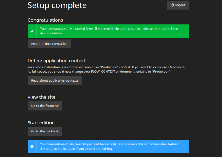 Configurazione di Neos completata