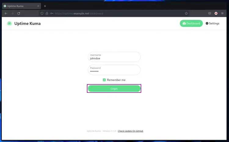 Uptime-Kuma-Anmeldeseite