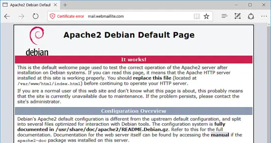 La page par défaut d'Apache est affichée