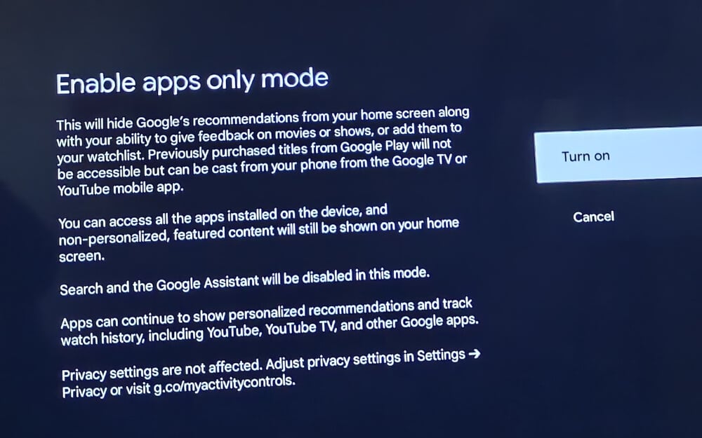 configuración de modo solo aplicaciones de google tv
