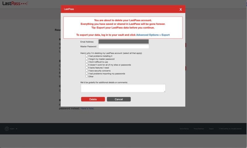 LastPass-Konto-Löschaufforderung