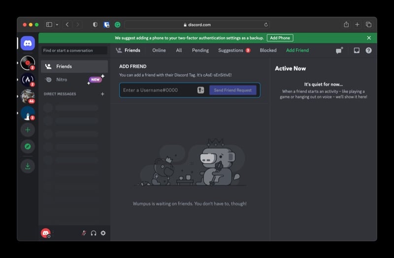 schermata principale di discord