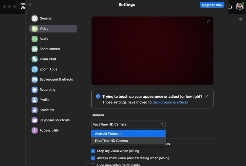 ZoomのカメラをAndroidウェブカメラに変更する