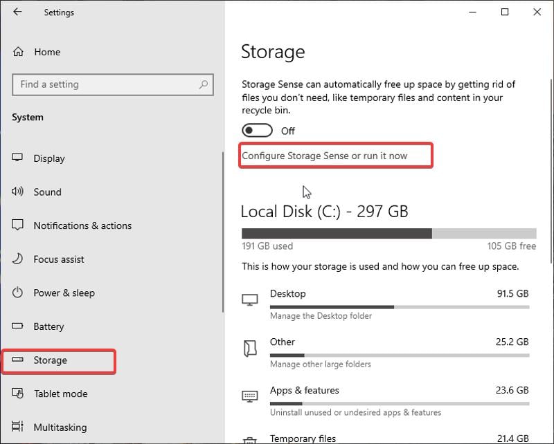 настроить функцию storage sense