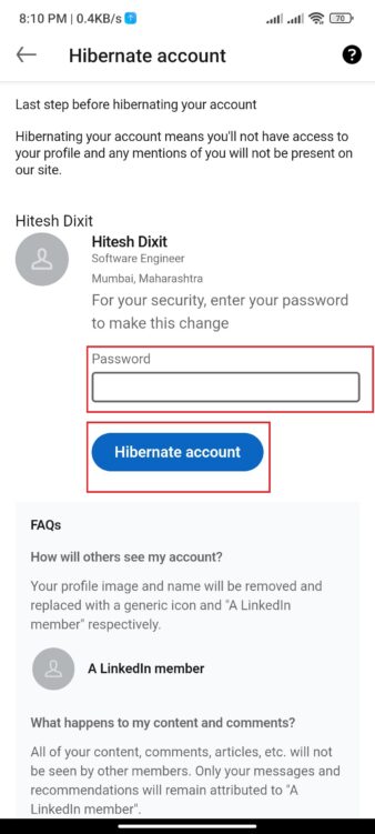 wie man ein linkedin-konto löscht- passwort eingeben, um in den Ruhezustand zu versetzen