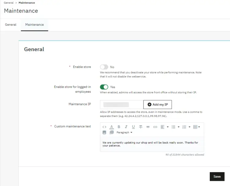 Page de maintenance de PrestaShop
