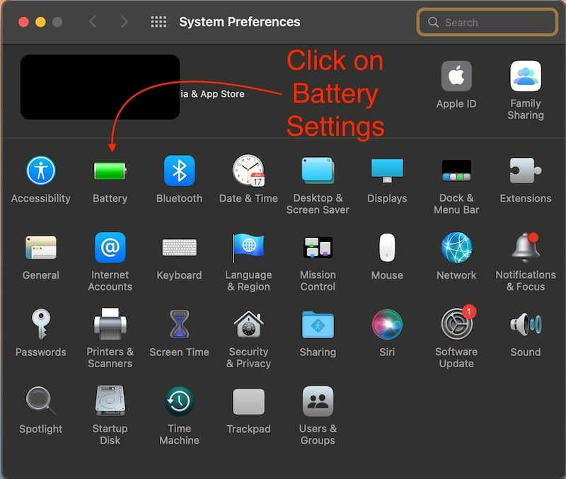 auf die Batterieeinstellungen klicken