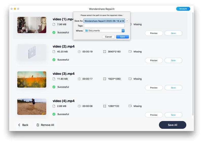 saving repaired video in wondershare repairit for desktop