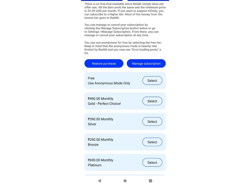 infinity reddit app for android pricing details