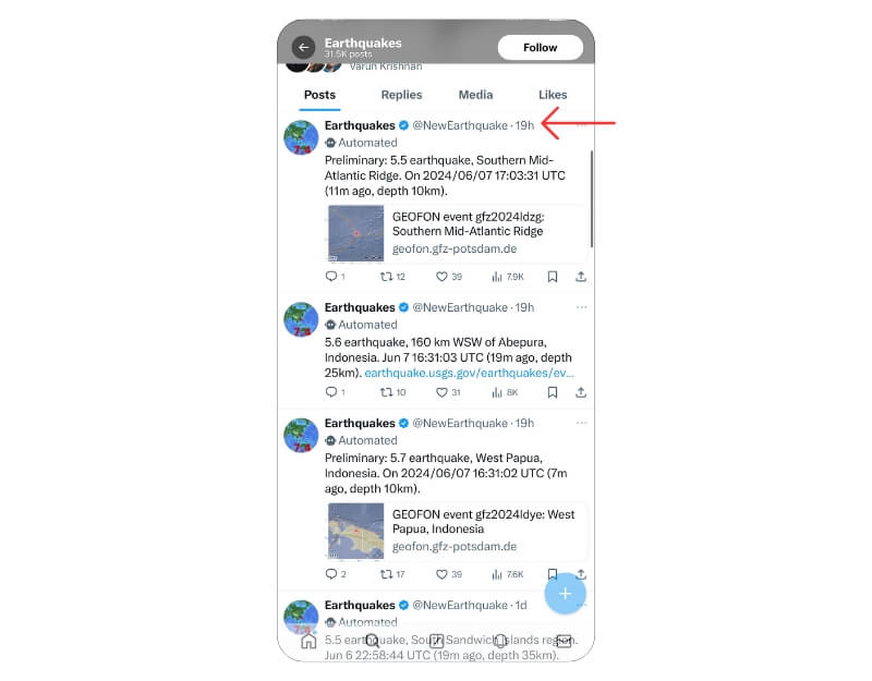 землетрясение twitter bot
