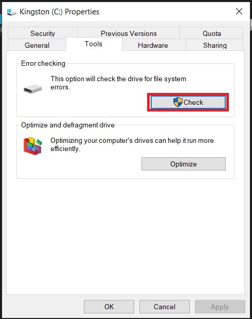 executar chkdsk através do explorador de arquivos do windows