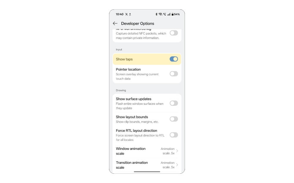 показать нажатия на android