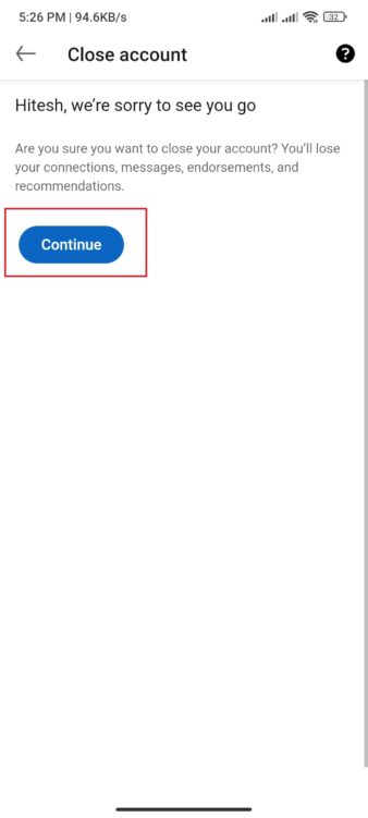 wie man ein linkedin-konto löscht- fortfahren auf android schritt