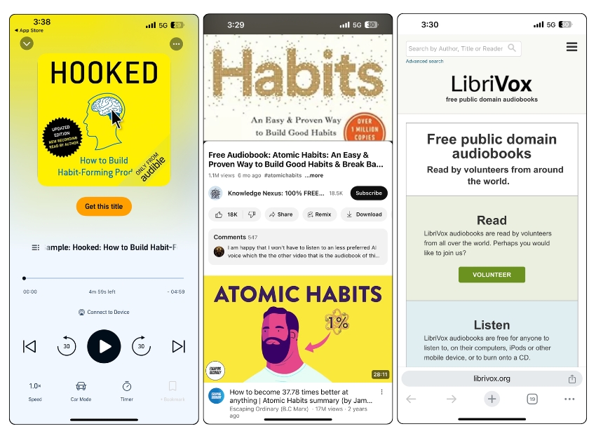 immagine che mostra screenshot di tre diverse app per audiolibri con titoli di libri 
