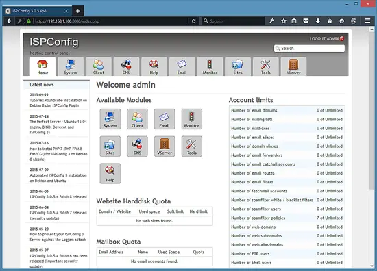 Il Dashboard di ISPConfig.