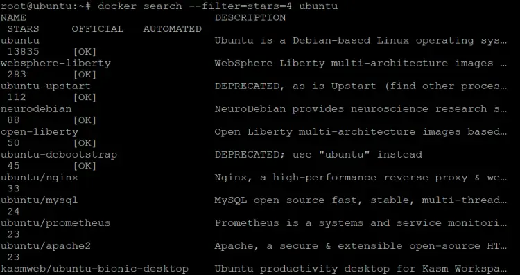 Docker Hubで4つ以上の星を持つubuntuイメージを検索します。