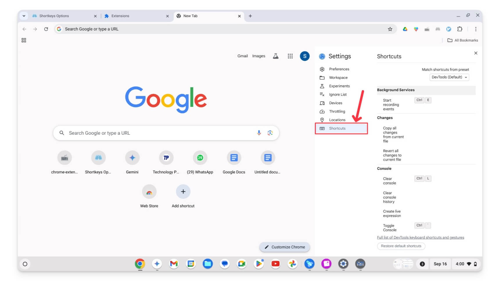 опция сочетаний в настройках инструментов разработчика google