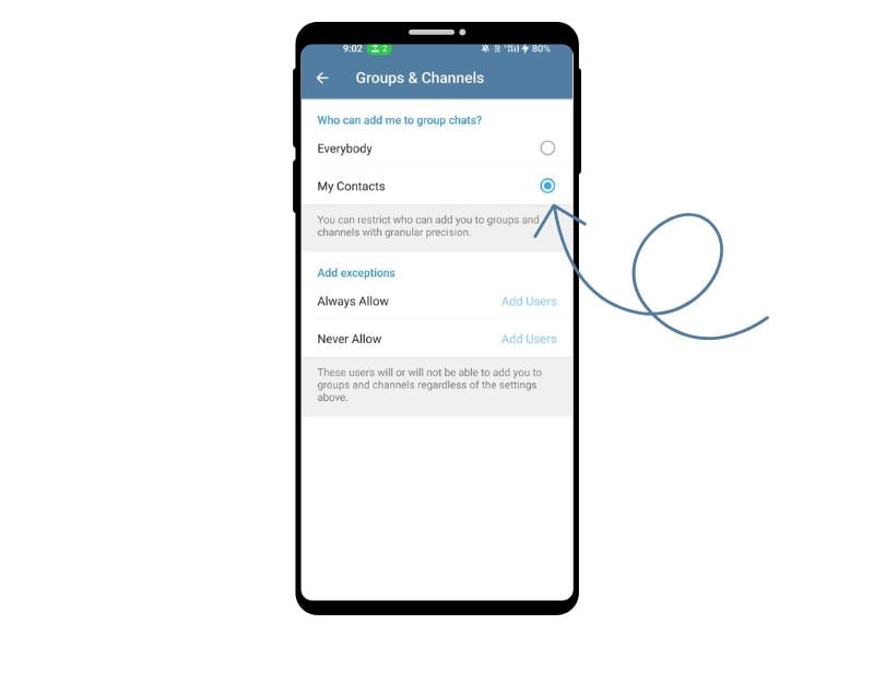 imagen que muestra la configuración de grupos y canales de telegram