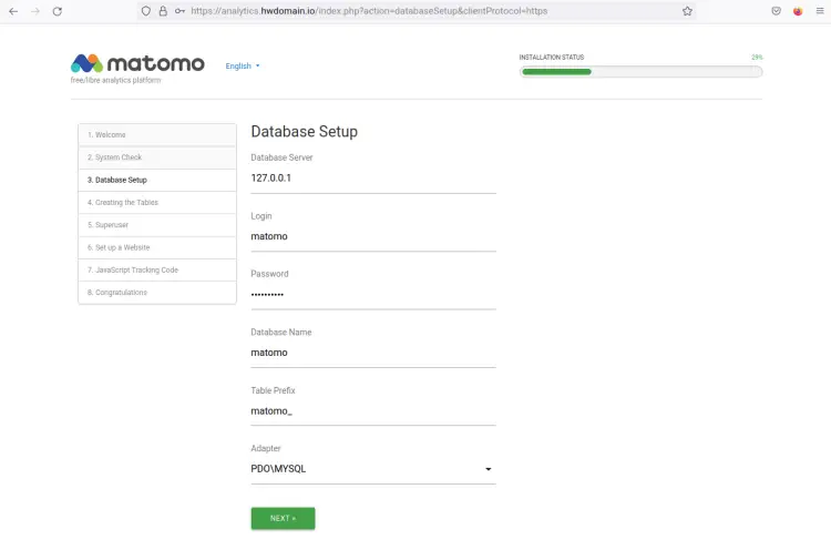 configuración de base de datos