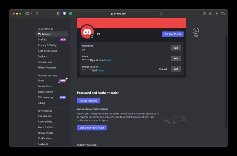 opzione di autenticazione a due fattori su discord
